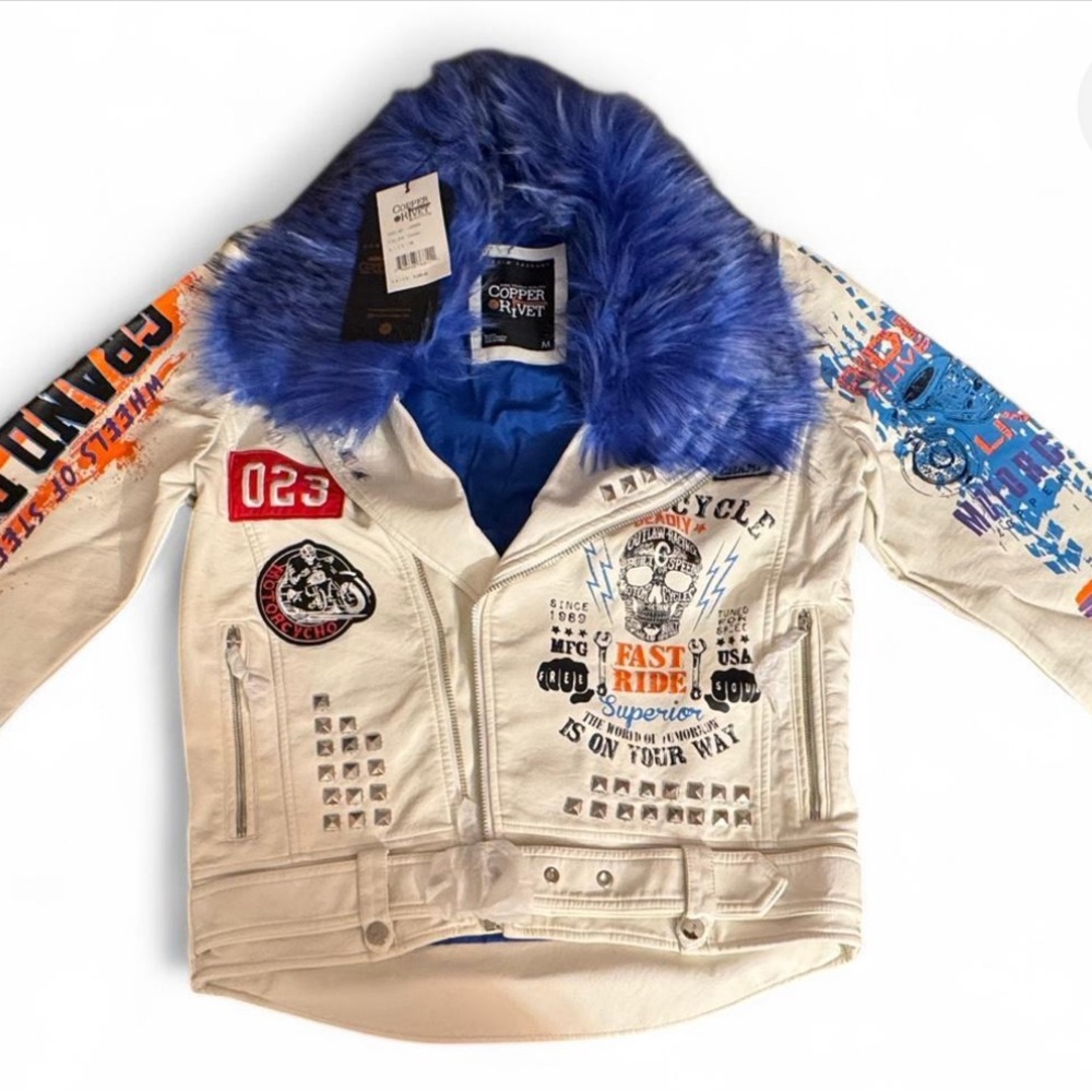 🛑 (SOLD) Men's Copper Rivet White and Blue Graphic Jean Jacket